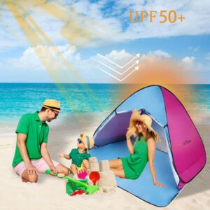 Pop Up Beach Tent, Quick Instant Automatic Portable Anti UV Sun Shelter Tents Fit 3-4 Persons for Outdoor Camping, Fishing, Park Picnic Baby Beach Tent (Blue-Pink)