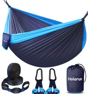holarun camping hammock double portable hammocks with lightweight 210t nylon parachute, two person hammock tree straps for backpacking, hiking gear, outdoor, travel, beach - navy blue