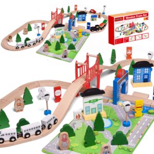 fun little toys wooden train track - 80 pieces wooden railway set for toddlers, boys and girls 3, 4, 5 years premium wood construction toys