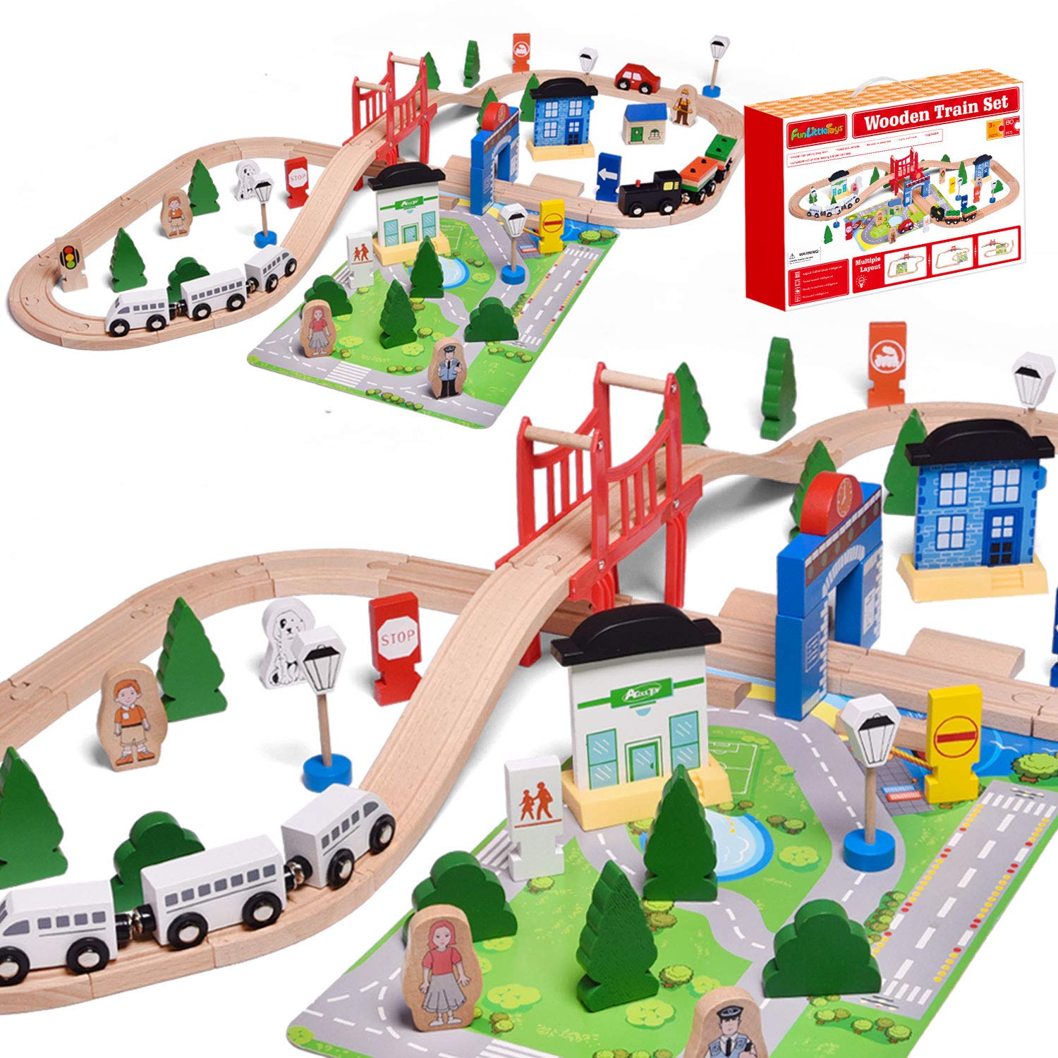 FUN LITTLE TOYS Wooden Train Track - 80 Pieces Wooden Railway Set for Toddlers, Boys and Girls 3, 4, 5 Years Premium Wood Construction Toys