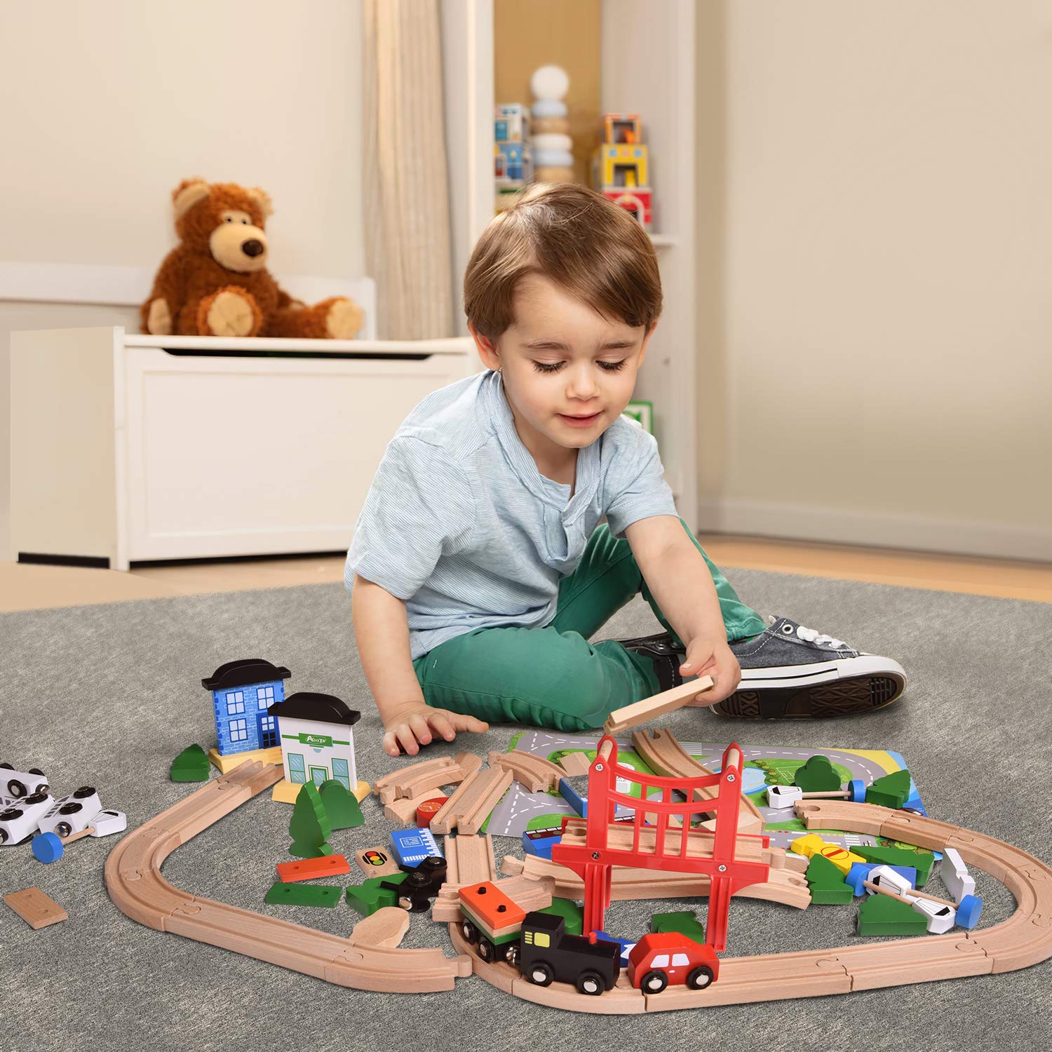 FUN LITTLE TOYS Wooden Train Track - 80 Pieces Wooden Railway Set for Toddlers, Boys and Girls 3, 4, 5 Years Premium Wood Construction Toys