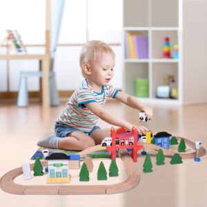 FUN LITTLE TOYS Wooden Train Track - 80 Pieces Wooden Railway Set for Toddlers, Boys and Girls 3, 4, 5 Years Premium Wood Construction Toys