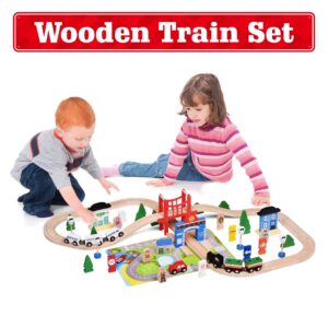 FUN LITTLE TOYS Wooden Train Track - 80 Pieces Wooden Railway Set for Toddlers, Boys and Girls 3, 4, 5 Years Premium Wood Construction Toys