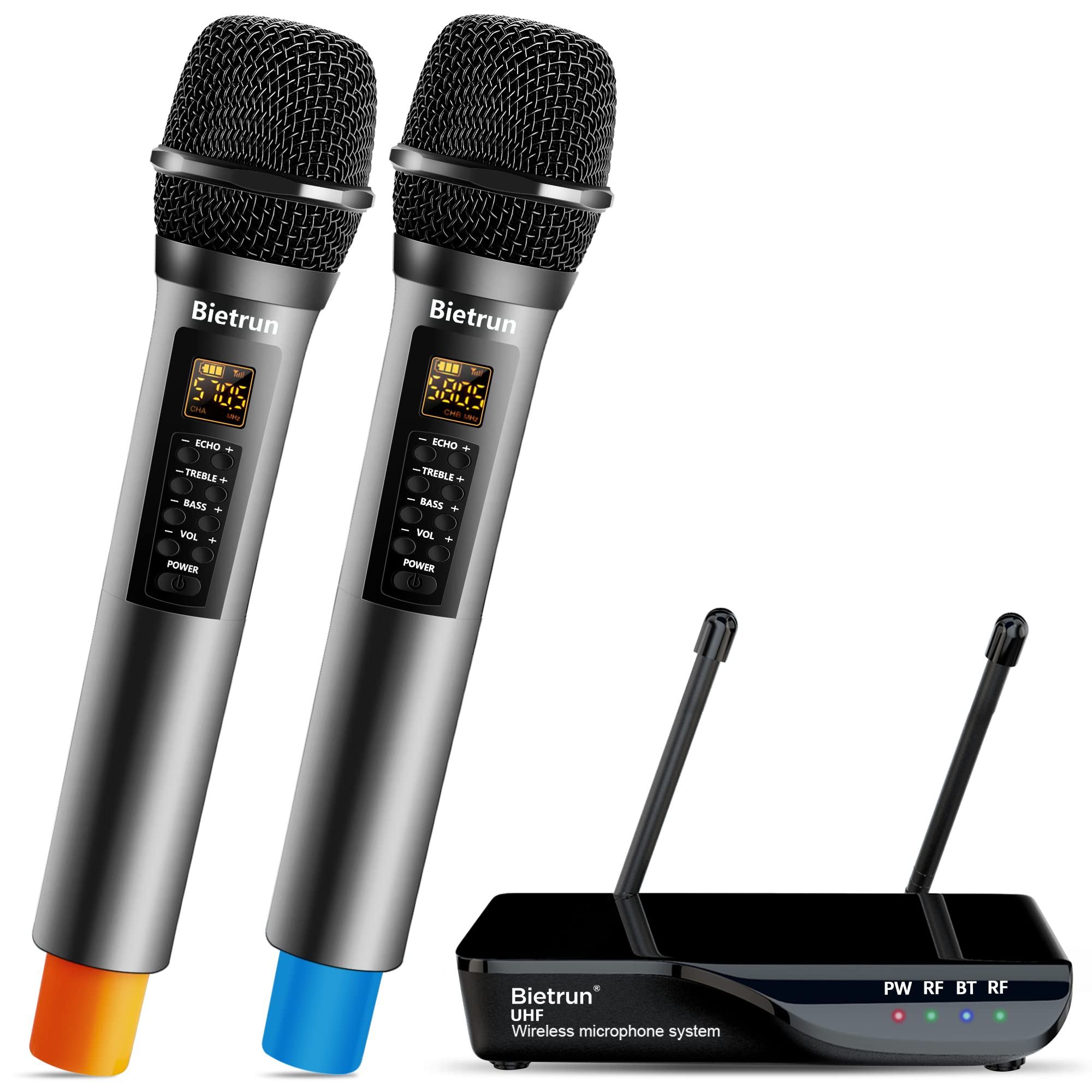 Bietrun Wireless Microphone with Echo/Treble/Bass, UHF 160ft Range, Dual UHF Cordless Dynamic Mic Handheld Microphone System for Home Karaoke, Meeting, Party, Wedding(Receiver with Bluetooth)