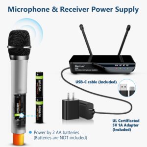 Bietrun Wireless Microphone with Echo/Treble/Bass, UHF 160ft Range, Dual UHF Cordless Dynamic Mic Handheld Microphone System for Home Karaoke, Meeting, Party, Wedding(Receiver with Bluetooth)