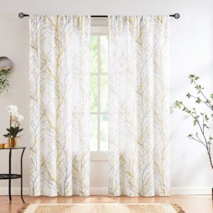 FMFUNCTEX Print Yellow Grey White Curtains for Living Room Linen Textured Tree Branches Pattern Window Treatment Set for Bedroom Window Drapes 50" W x 96" L - (2 Panels) Rod Pocket