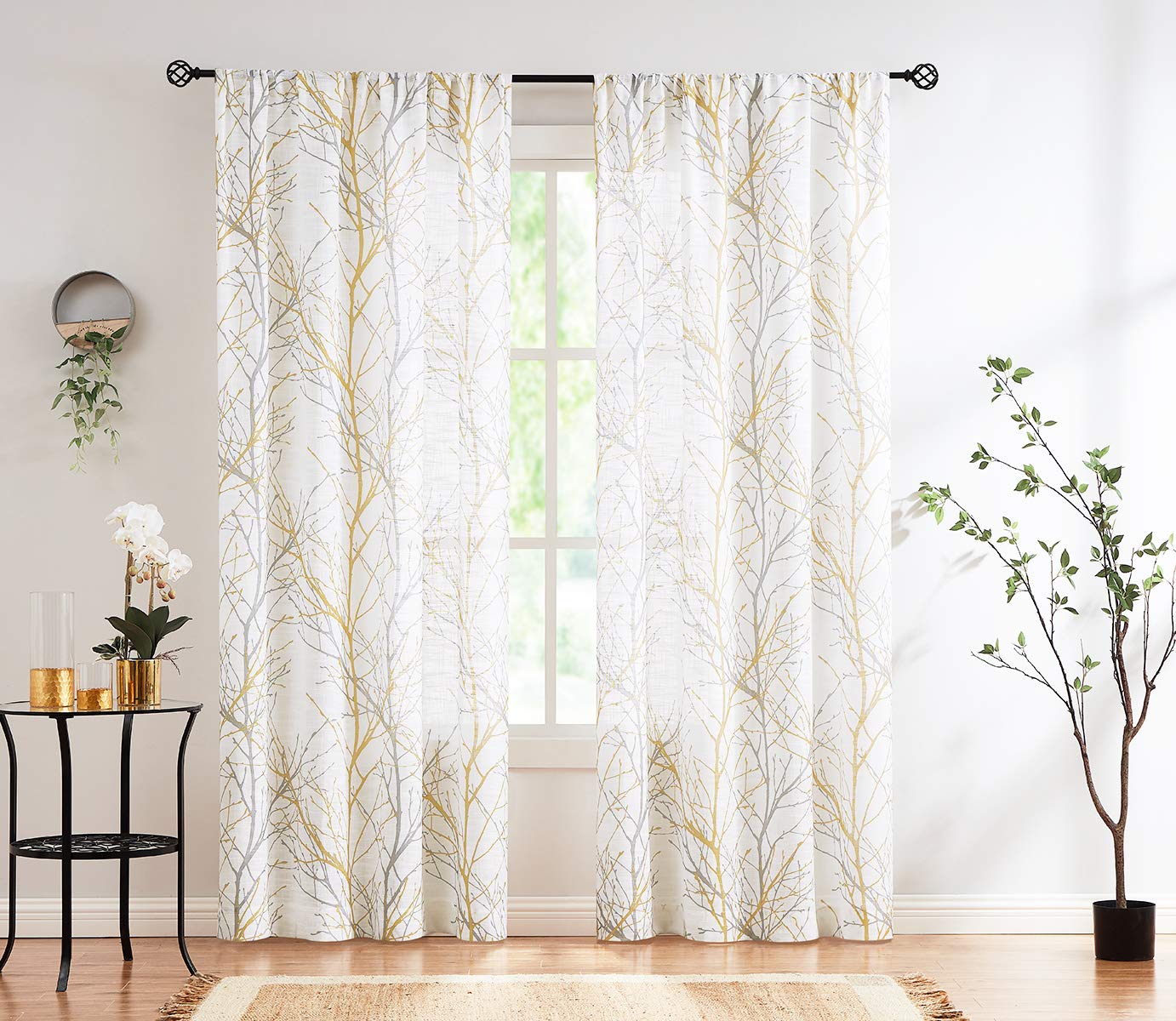 FMFUNCTEX Print Yellow Grey White Curtains for Living Room Linen Textured Tree Branches Pattern Window Treatment Set for Bedroom Window Drapes 50" W x 96" L - (2 Panels) Rod Pocket