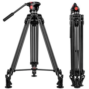 tripod, 75 inch tripod for camera, heavy duty camera tripod stand with fluid head, 2 quick release mounts and tablet & phone mount, compatible with dslr canon nikon sony, 15 lbs loads black