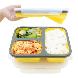 fancyfree collapsible silicone benton container, leakproof lunch box with 3 compartments, bpa free safe food storage organizer (yellow)