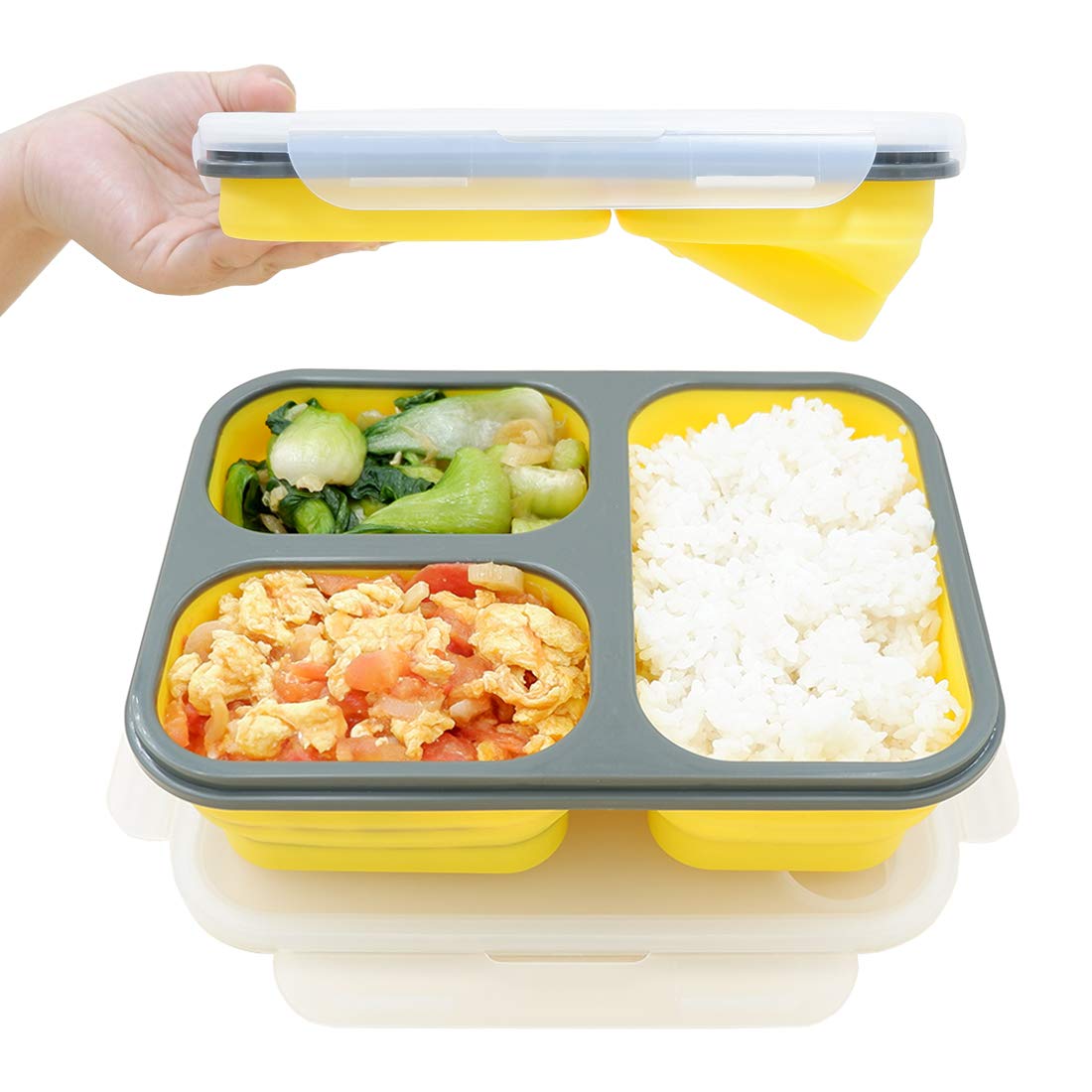 fancyfree Collapsible Silicone Benton Container, Leakproof Lunch Box with 3 Compartments, BPA Free Safe Food Storage Organizer (Yellow)