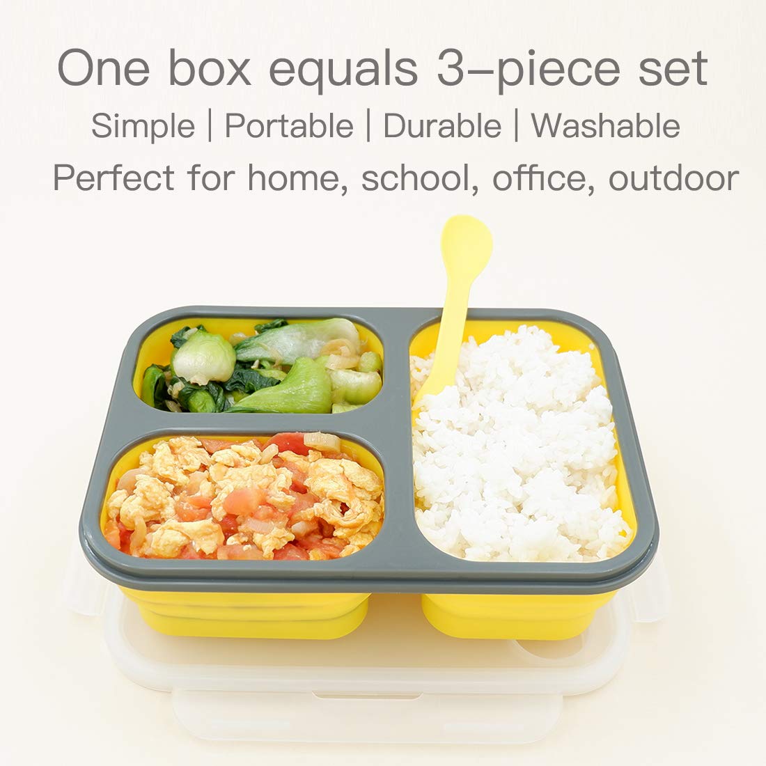 fancyfree Collapsible Silicone Benton Container, Leakproof Lunch Box with 3 Compartments, BPA Free Safe Food Storage Organizer (Yellow)