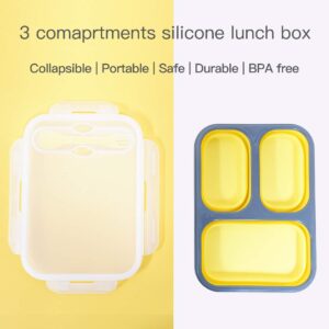 fancyfree Collapsible Silicone Benton Container, Leakproof Lunch Box with 3 Compartments, BPA Free Safe Food Storage Organizer (Yellow)