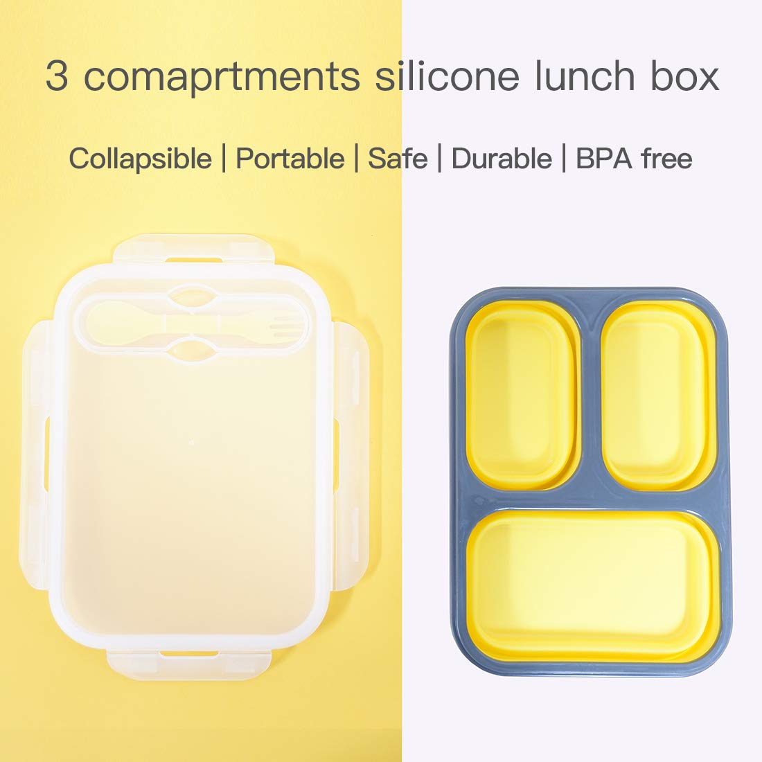 fancyfree Collapsible Silicone Benton Container, Leakproof Lunch Box with 3 Compartments, BPA Free Safe Food Storage Organizer (Yellow)