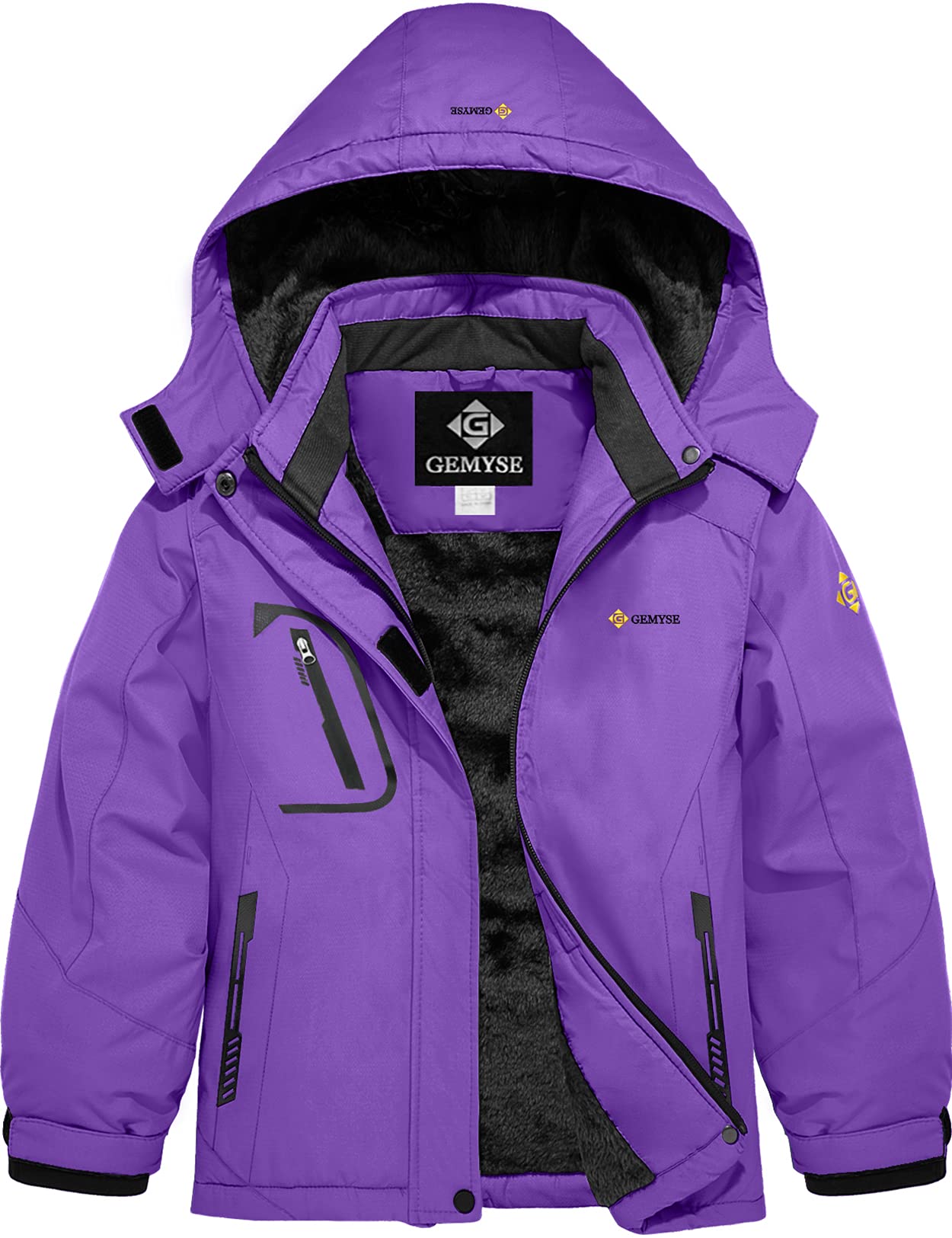 GEMYSE Girl's Waterproof Ski Snow Jacket Fleece Windproof Winter Jacket with Hood (Purple,14/16)