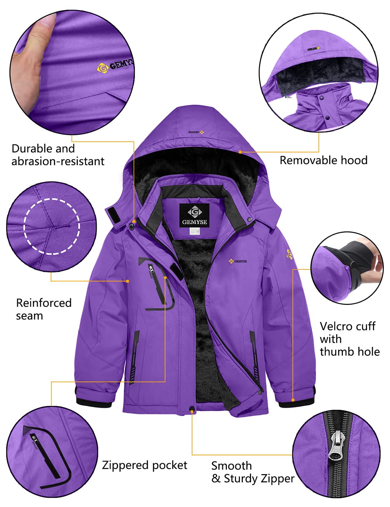 GEMYSE Girl's Waterproof Ski Snow Jacket Fleece Windproof Winter Jacket with Hood (Purple,14/16)