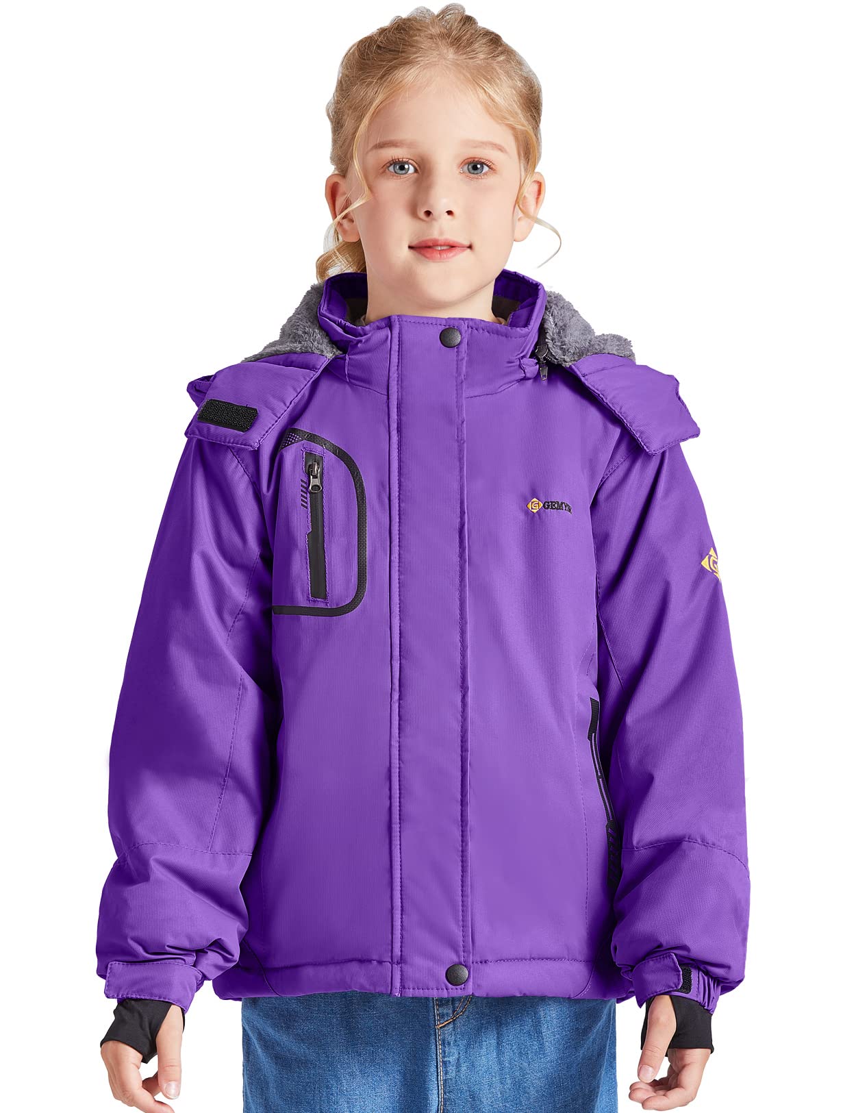 GEMYSE Girl's Waterproof Ski Snow Jacket Fleece Windproof Winter Jacket with Hood (Purple,14/16)