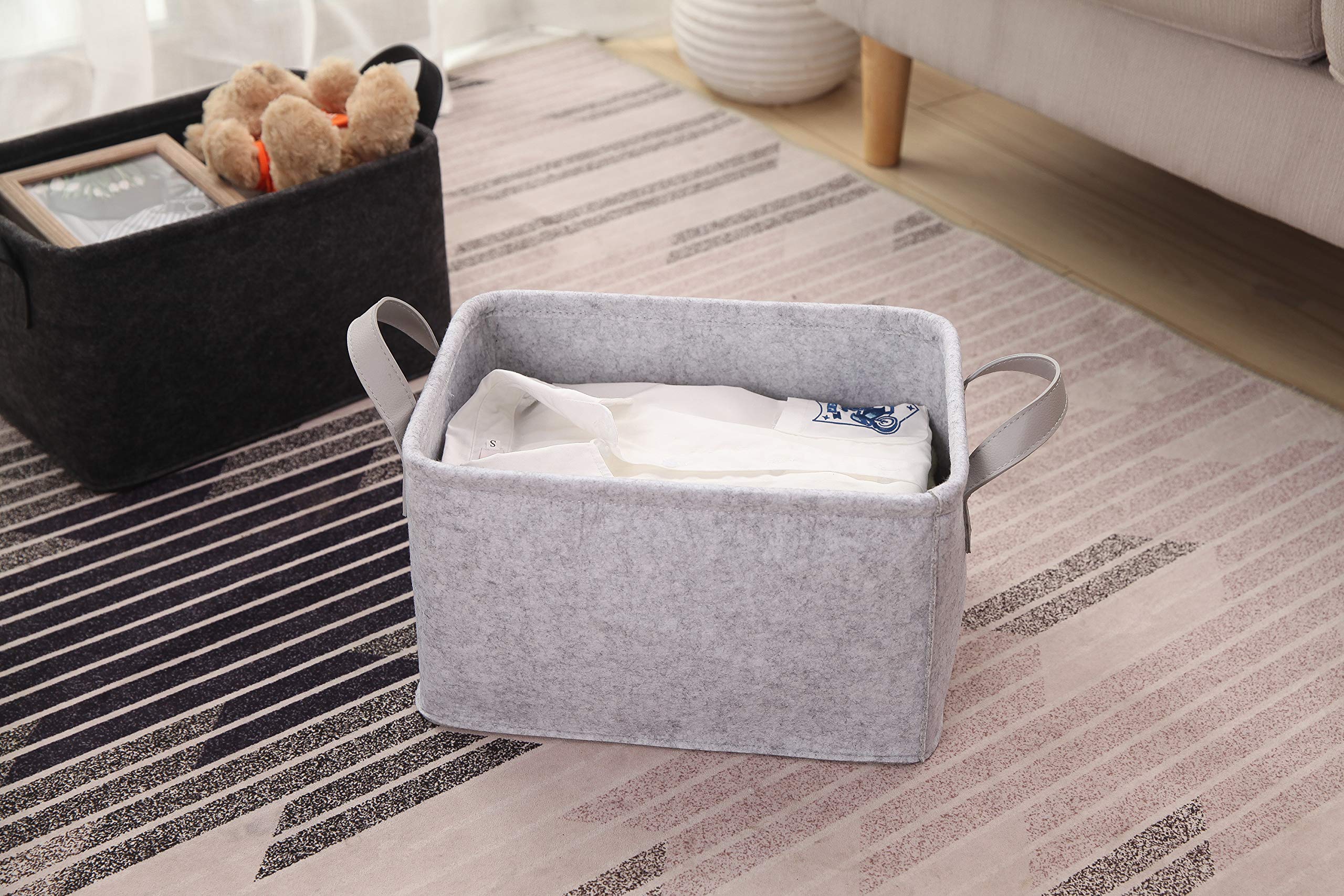 Minoisome Collapsible Storage Basket with Carry Handles Felt Fabric Storage Bin Durable Organizer for Gift Toys Shoes Clothes Towels Nursery Home Laundry Office Decorative Organizing Box(Light Grey)