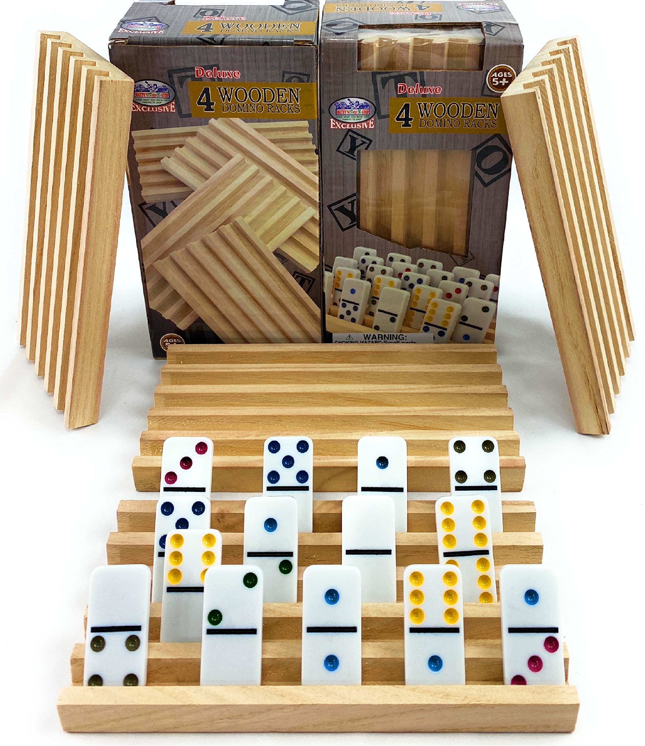 Matty's Toy Stop Deluxe Solid Wood Domino Trays (4 Count) Game Bundle - 2 Pack (8 Trays Total)