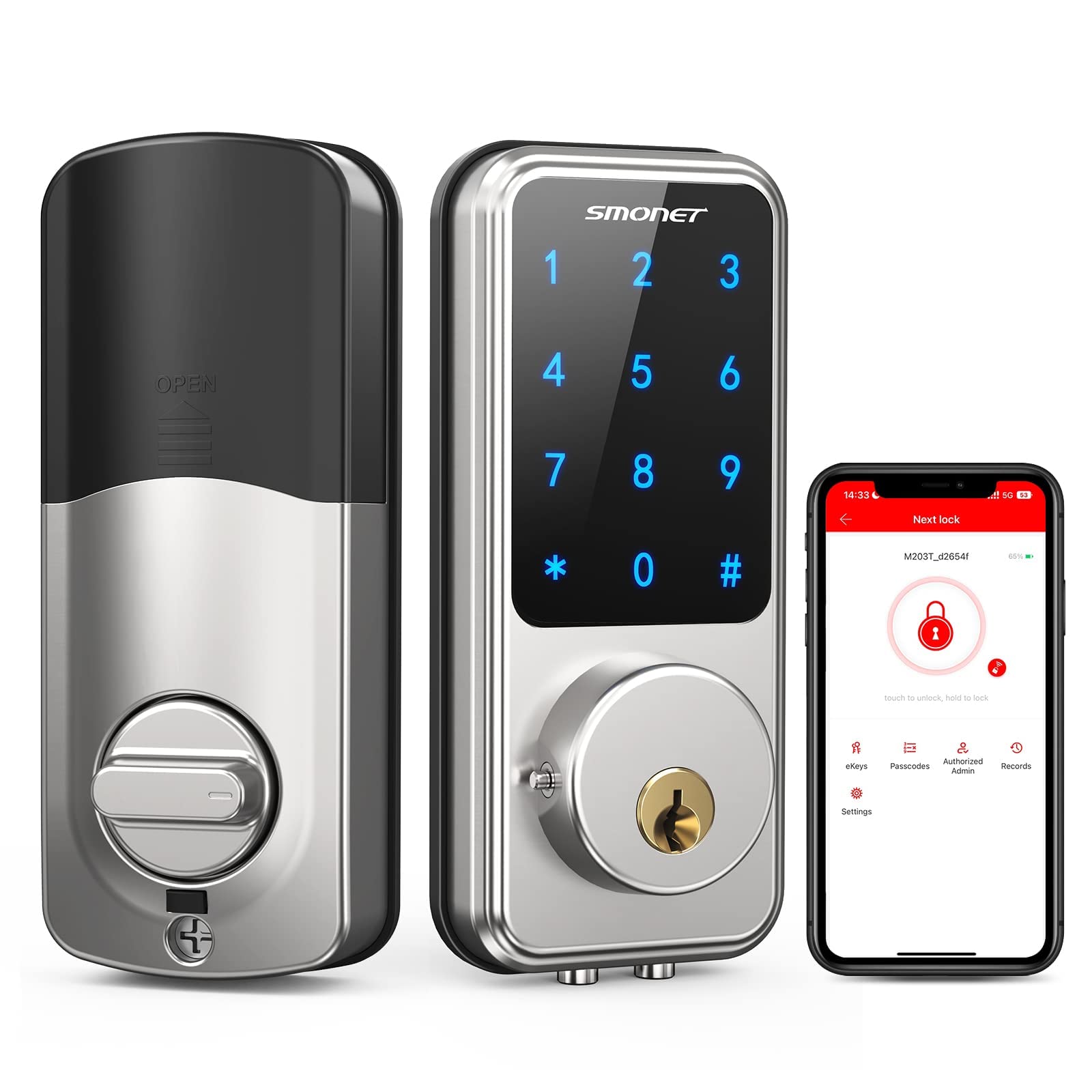 Smart Lock,SMONET Keyless Entry Door Lock,Remote Lock Unlock for Home Security,Easy Installation,Voice Control,Touchscreen Keypad Deadbolt,Code Bluetooth Electric Deadbolt for Hotel,Office