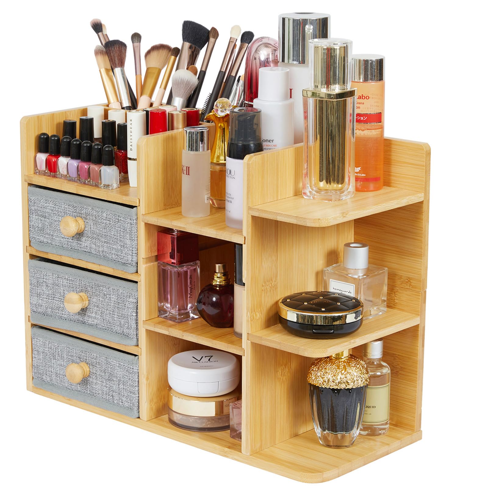 Makeup Organizer Countertop, Cosmetic Skincare Organizers With 3 Makeup Brush Holders/3 Drawers/7 Storage Shelves, Elegant Bamboo Make Up Storage Organizers Holder For Counter Vanity Dresser Bathroom