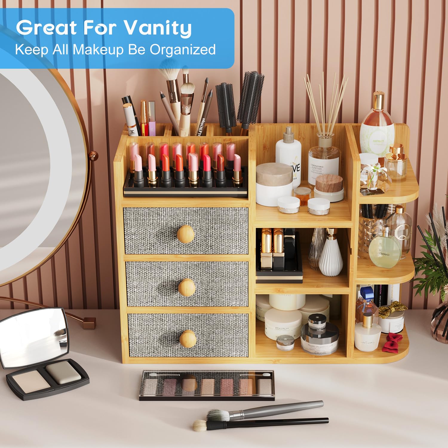 Makeup Organizer Countertop, Cosmetic Skincare Organizers With 3 Makeup Brush Holders/3 Drawers/7 Storage Shelves, Elegant Bamboo Make Up Storage Organizers Holder For Counter Vanity Dresser Bathroom