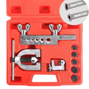 thorstone double & single flaring tool kit for brake line and brass tubing tool with extra adapters, 45 degrees, red