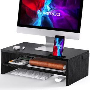 loryergo monitor stand - monitor riser 16.5 inch, 2 tier computer stand, monitor stand riser w/cellphone holder & storage space, desk stand for laptop, printer, pc, for home & office