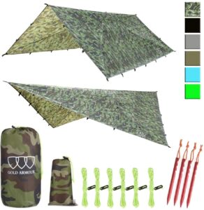 gold armour rainfly tarp hammock, premium 14.7ft/12ft/10ft/8ft rain fly cover, waterproof ultralight camping shelter canopy, survival equipment gear camping tent accessories (camouflage 14.7ft x 12ft)