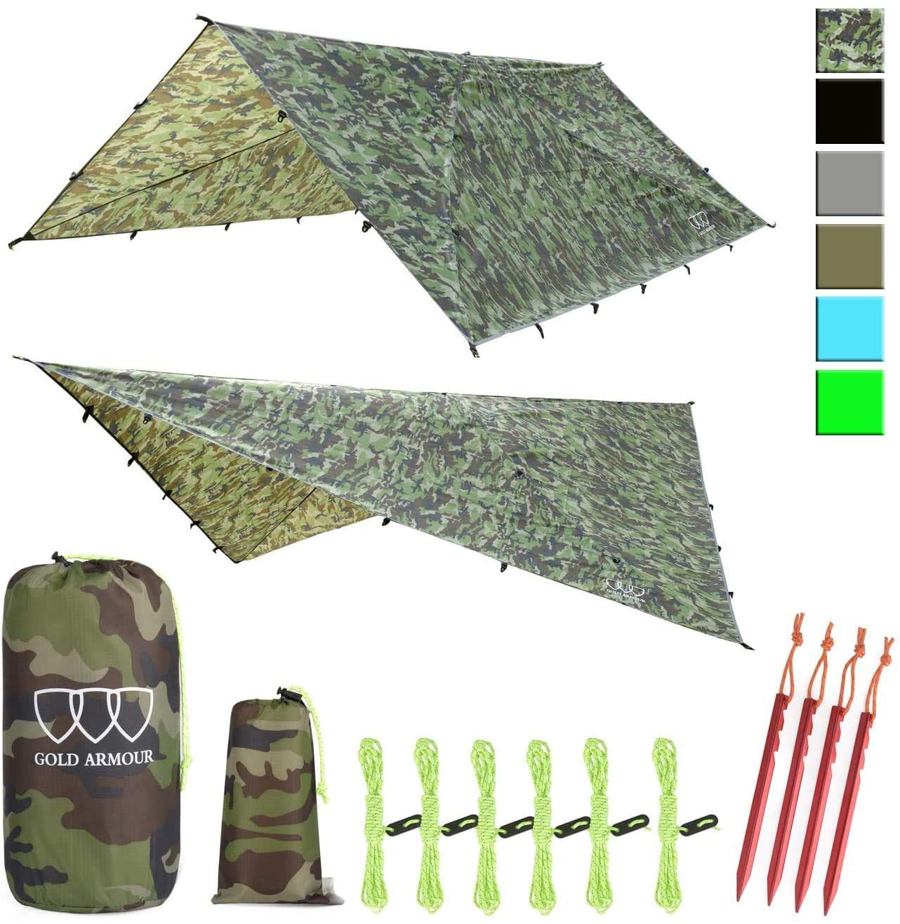 Gold Armour Rainfly Tarp Hammock, Premium 14.7ft/12ft/10ft/8ft Rain Fly Cover, Waterproof Ultralight Camping Shelter Canopy, Survival Equipment Gear Camping Tent Accessories (Camouflage 14.7ft x 12ft)