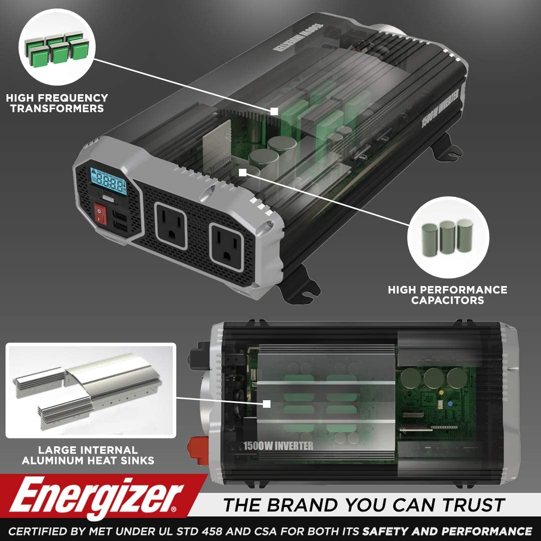 Energizer 1500 Watts Power Inverters for Vehicles, Modified Sine Wave Car Inverter 12v to 110v, 2 AC Outlets, Two USB Ports (2.4 Amp), DC to AC Converter, Battery Cables Included – ETL Approve