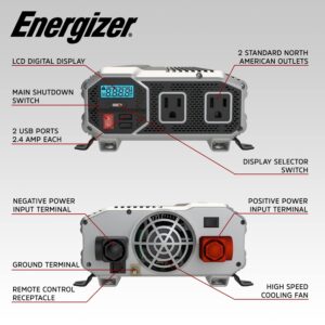 Energizer 1500 Watts Power Inverters for Vehicles, Modified Sine Wave Car Inverter 12v to 110v, 2 AC Outlets, Two USB Ports (2.4 Amp), DC to AC Converter, Battery Cables Included – ETL Approve