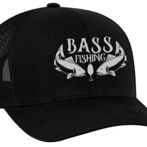 Men's Embroidered Bass Fishing Mesh Back Trucker Cap, Black/Black