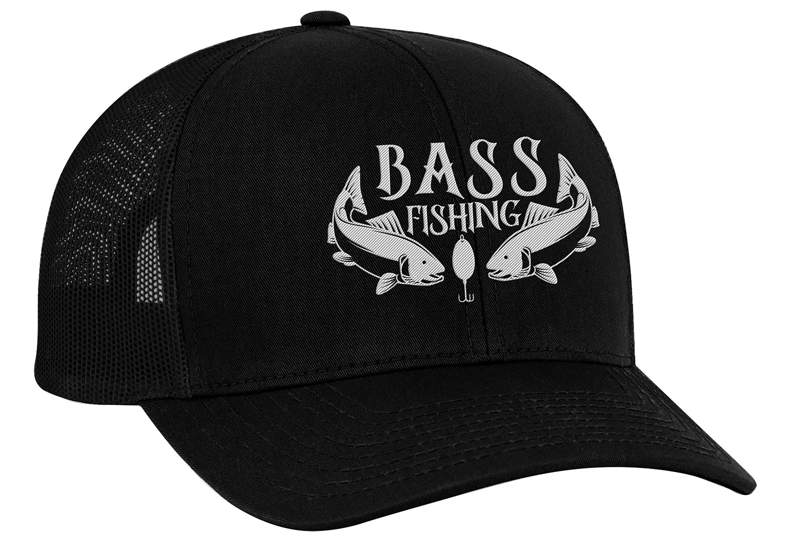 Men's Embroidered Bass Fishing Mesh Back Trucker Cap, Black/Black