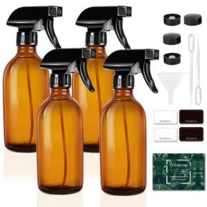 tecohouse glass spray bottle for cleaning solutions and essential oils, 4 oz empty refillable sprayer container with labels, funnel, lids, graduated pipettes - pocket size 4 pack (amber)