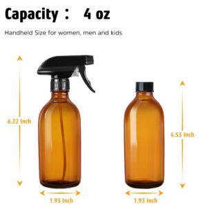 TECOHOUSE Glass Spray Bottle for Cleaning Solutions and Essential Oils, 4 oz Empty Refillable Sprayer Container with Labels, Funnel, Lids, Graduated Pipettes - Pocket Size 4 Pack (Amber)