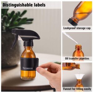 TECOHOUSE Glass Spray Bottle for Cleaning Solutions and Essential Oils, 4 oz Empty Refillable Sprayer Container with Labels, Funnel, Lids, Graduated Pipettes - Pocket Size 4 Pack (Amber)