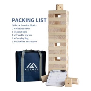 Megwoz Giant Tumble Tower, Stacking Backyard Game Stacking from 2Ft to Over 4.2Ft with 2 Dices|Scoreboard| Carrying Bag, Wooden Block Indoor Outdoor Game for Kids Adult Family- 57 Pieces