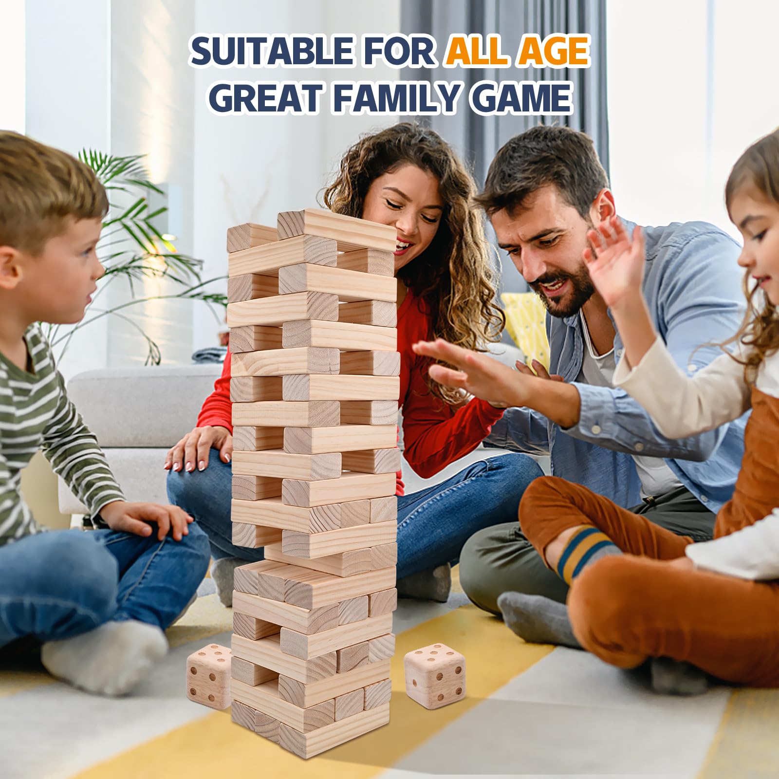 Megwoz Giant Tumble Tower, Stacking Backyard Game Stacking from 2Ft to Over 4.2Ft with 2 Dices|Scoreboard| Carrying Bag, Wooden Block Indoor Outdoor Game for Kids Adult Family- 57 Pieces