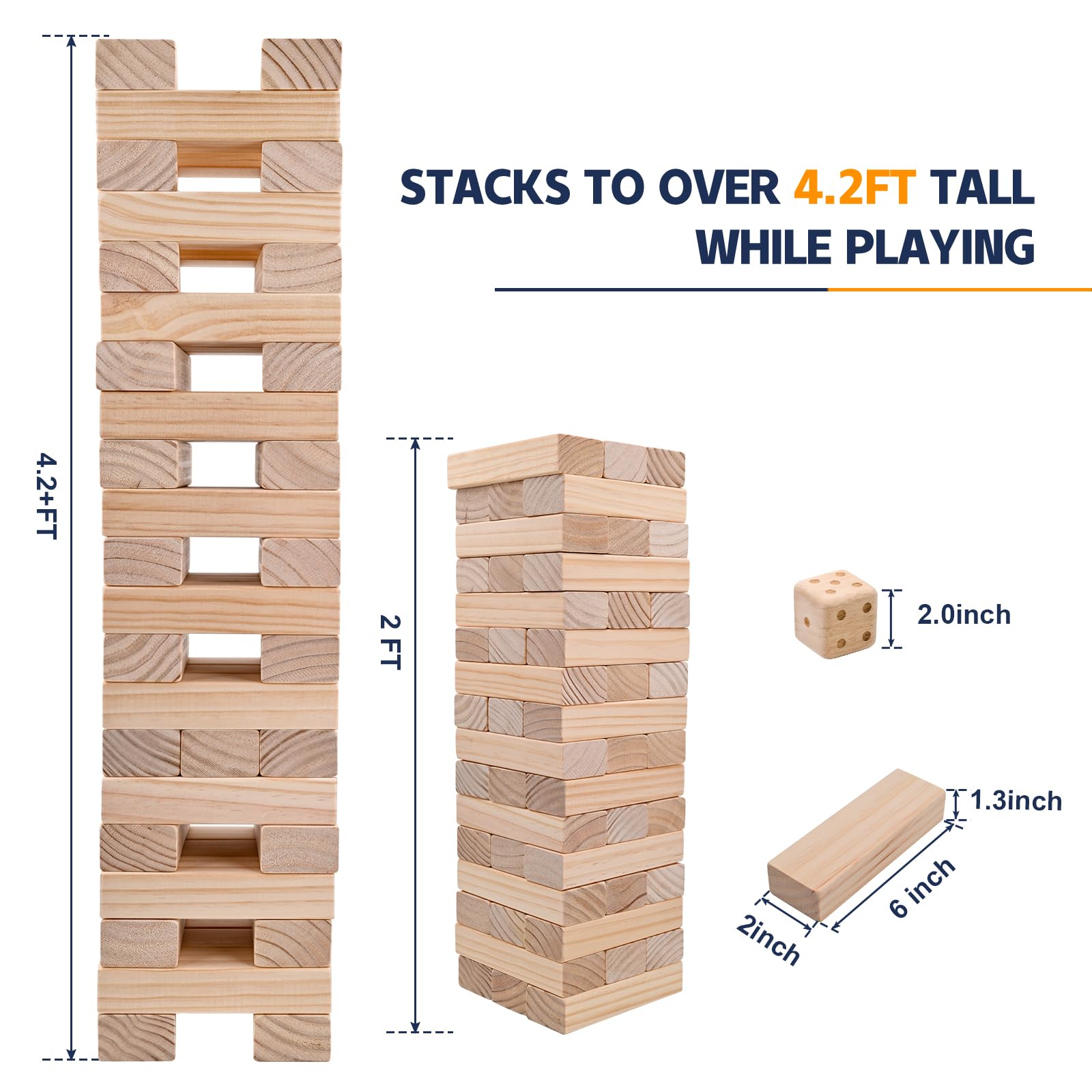 Megwoz Giant Tumble Tower, Stacking Backyard Game Stacking from 2Ft to Over 4.2Ft with 2 Dices|Scoreboard| Carrying Bag, Wooden Block Indoor Outdoor Game for Kids Adult Family- 57 Pieces