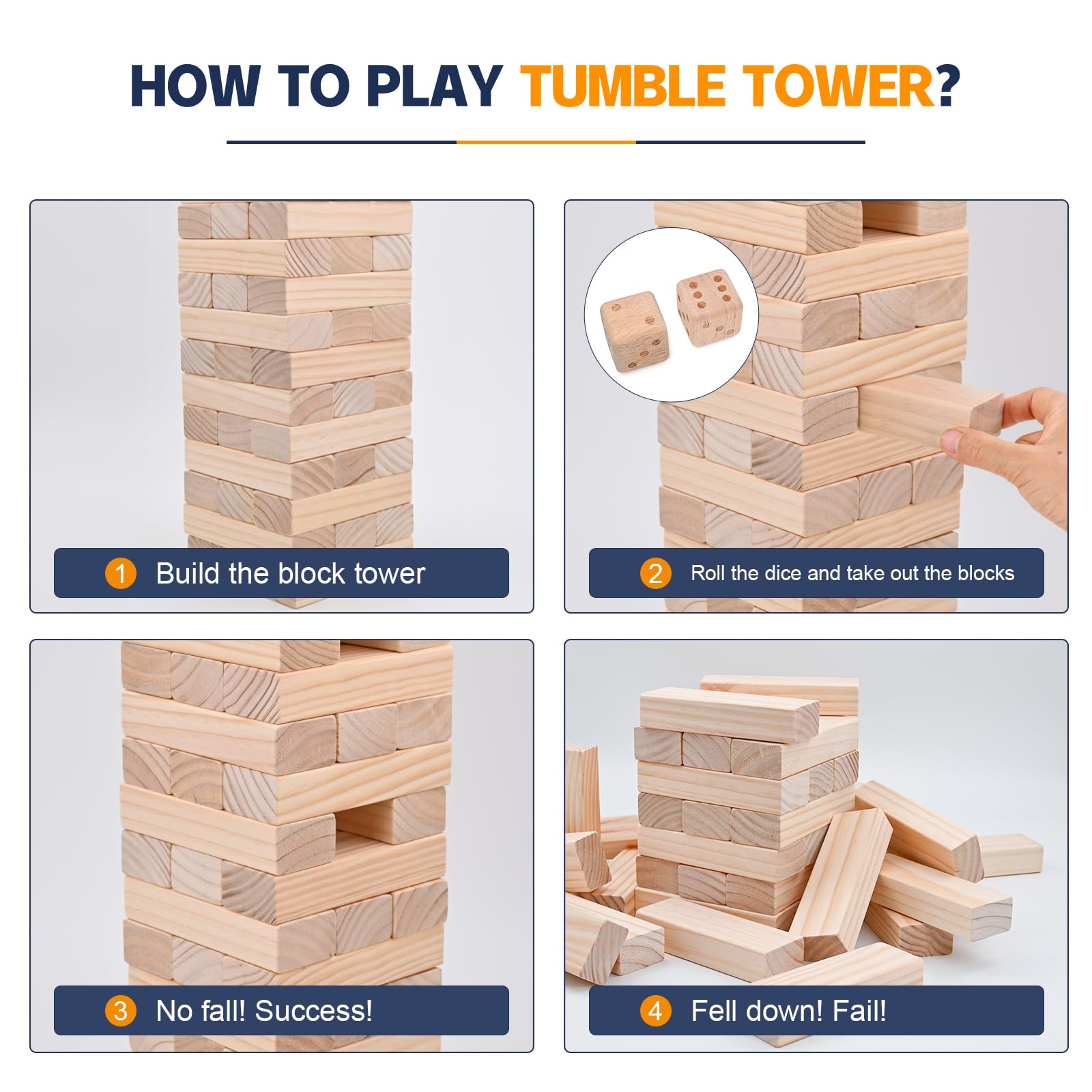 Megwoz Giant Tumble Tower, Stacking Backyard Game Stacking from 2Ft to Over 4.2Ft with 2 Dices|Scoreboard| Carrying Bag, Wooden Block Indoor Outdoor Game for Kids Adult Family- 57 Pieces