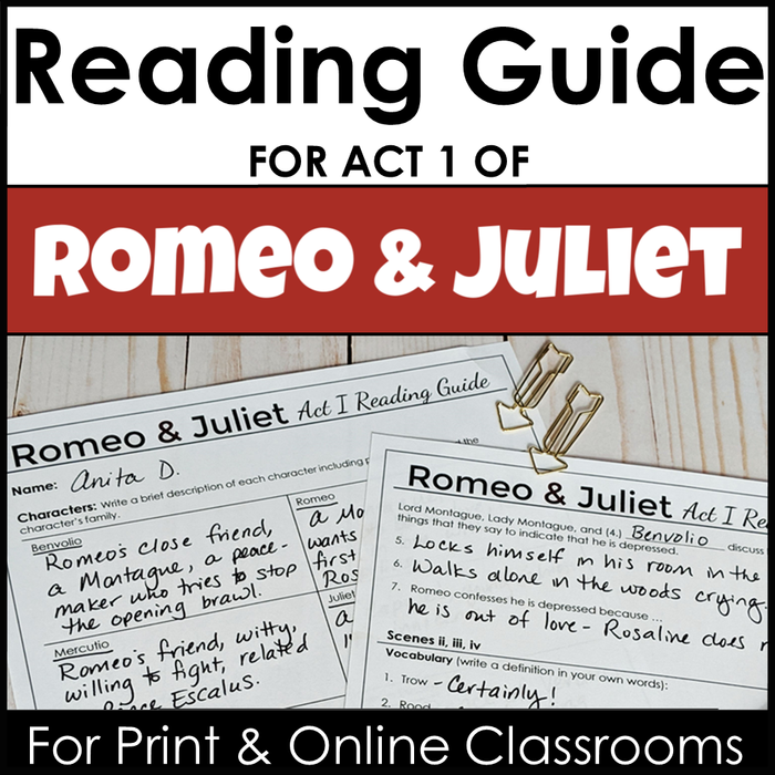 Reading Guide for Romeo and Juliet Act 1 With Google Drive Link for Print and Online Classrooms