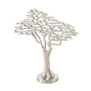 savannah tree of life table top metal figurine, made by hand, silver aluminium, atelier sculpture studio, trunk, abstract leaf and branch details, circular base, 11.75 l x 4 w x 13 h inches (33 cm)