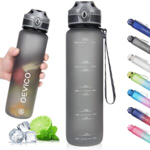 devico 32oz water bottle with time marker, bpa free & frosted tritan plastic, fast flow & leak proof flip lid, best choice for cycling, running, camping or office work