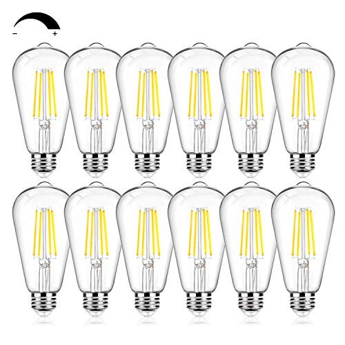 12Packs Vintage LED Edison Bulbs, 60W Equivalent 7W, 800Lumens, Dimmable ST64 Antique LED Filament, Daylight White 5000K, E26 Medium Base Light Bulbs High Brightness Clear Glass for Bedroom Office