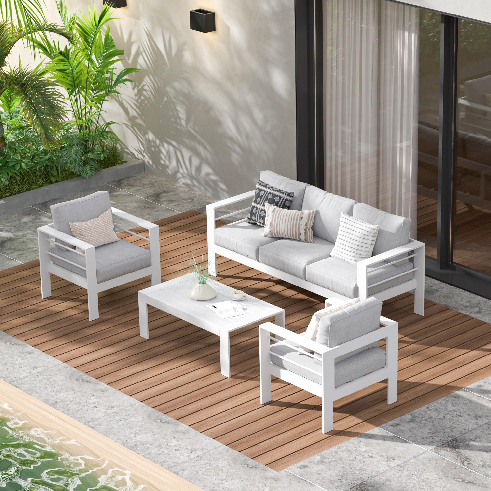 Wisteria Lane Aluminum Outdoor Patio Furniture Set, Modern Patio Conversation Sets, Outdoor Sectional Metal Sofa with 5 Inch Cushion and Coffee Table for Balcony, Garden, Light Grey