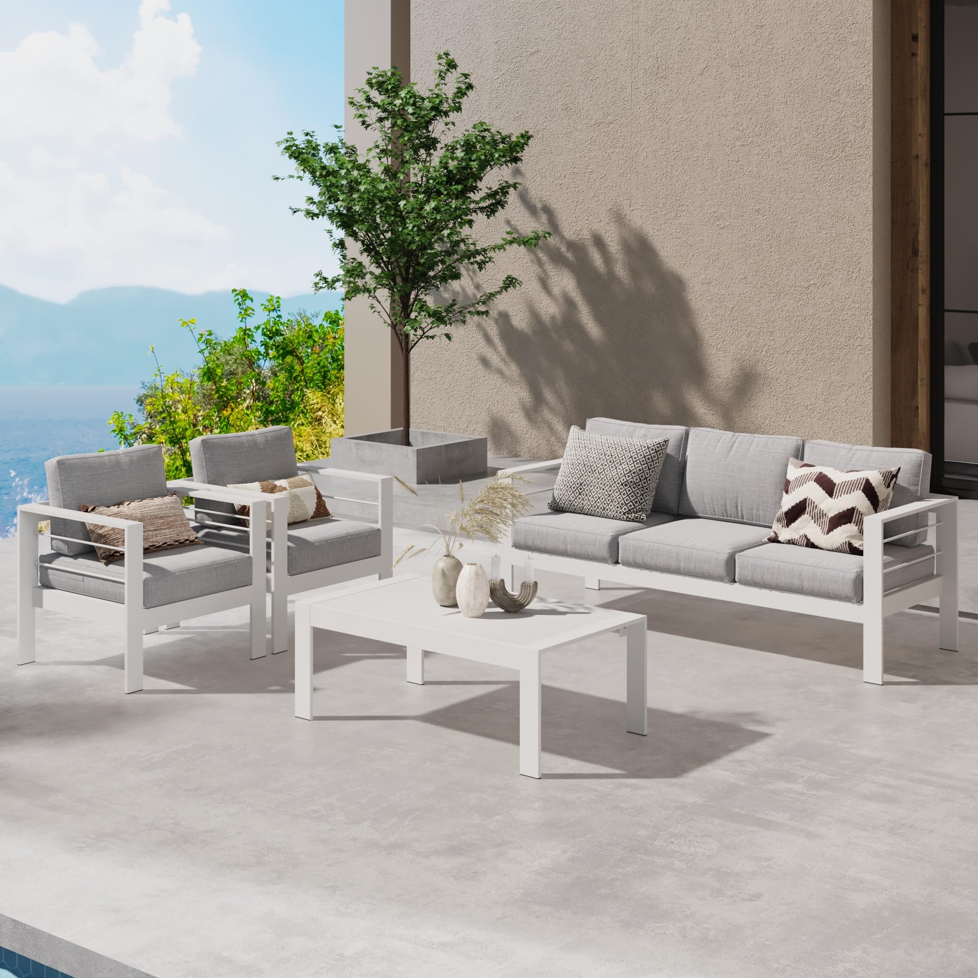 Wisteria Lane Aluminum Outdoor Patio Furniture Set, Modern Patio Conversation Sets, Outdoor Sectional Metal Sofa with 5 Inch Cushion and Coffee Table for Balcony, Garden, Light Grey