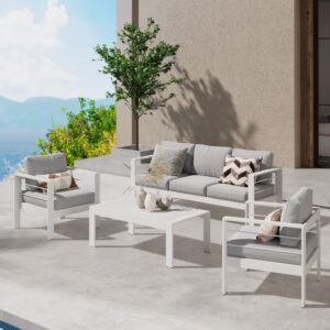 Wisteria Lane Aluminum Outdoor Patio Furniture Set, Modern Patio Conversation Sets, Outdoor Sectional Metal Sofa with 5 Inch Cushion and Coffee Table for Balcony, Garden, Light Grey