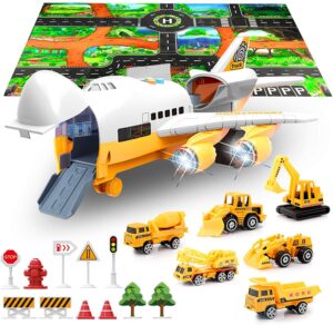 slenpet large airplane toy with 6 construction trucks set, 32.6x22.4 inch play mat, 11 road signs, 9 in 1 vehicle car toys for 3 year old boys, kids, toddlers, childs
