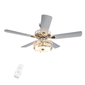 tangkula ceiling fan with crystal light, 52 inches classical ceiling fan with remote control & 5 iron reversible blades, 3 speeds & 8 hours timer function & mute motor (silver)