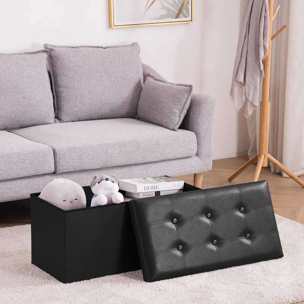 Youdesure Folding Storage Ottoman Bench, Faux Leather Footrest Couch for Living Room, 30 inch Storage Bench with Padded Seat for Bedroom Hallway, Holds up to 350lbs, Black